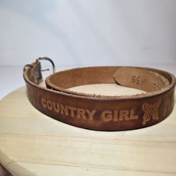Western Cowgirl Brown Leather Belt Custom Tooled "COUNTRY GIRL HEIDI" Size 38 - Picture 1 of 10
